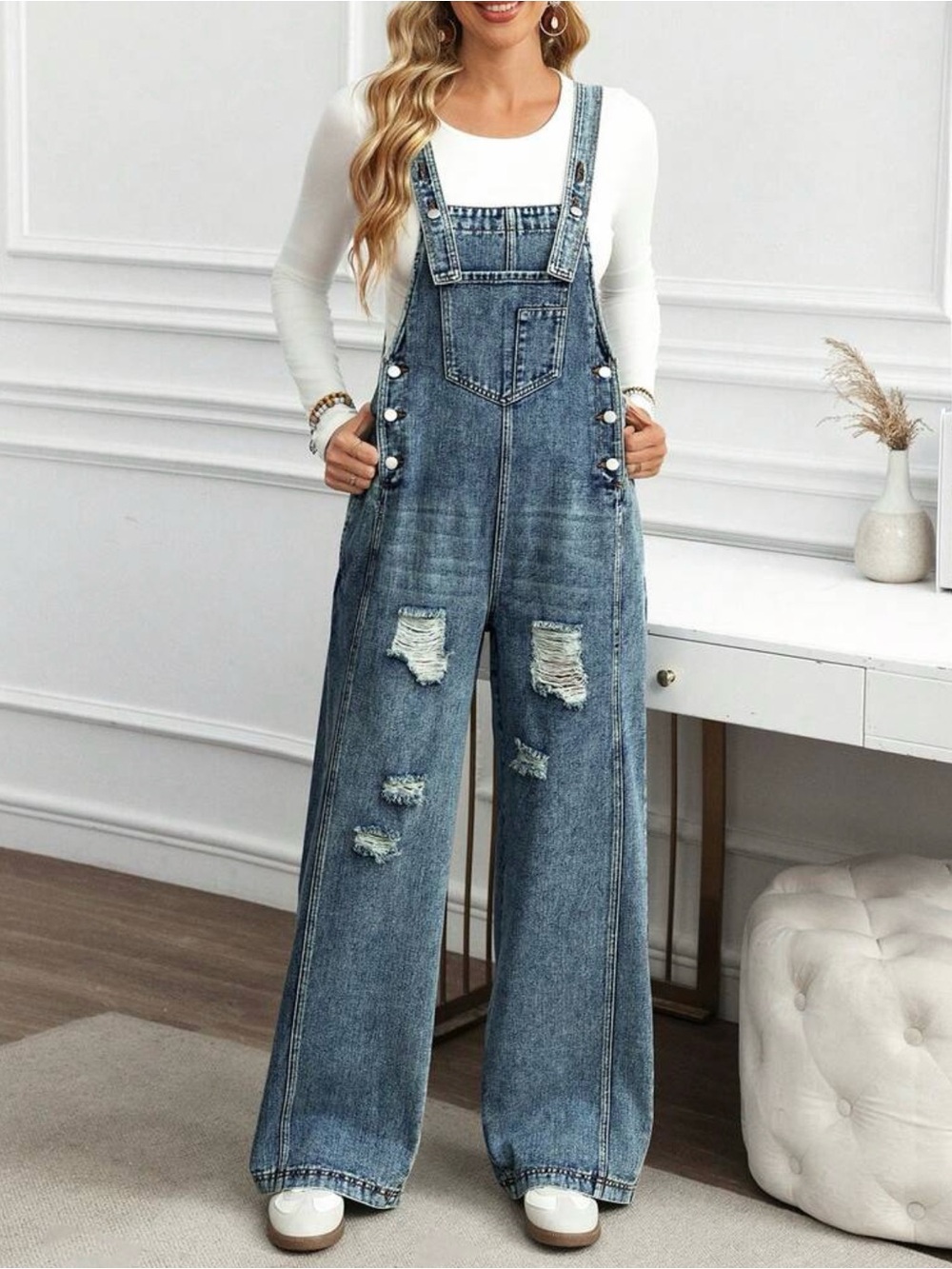 EMERY ROSE Distressed Wide Leg Denim Overalls Jumpsuit NWOT